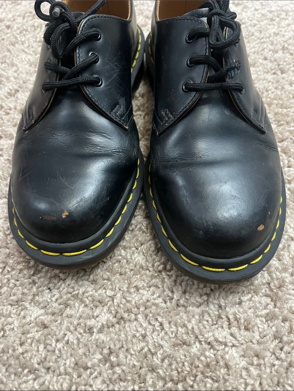 Men's Black Leather Lace-Up Shoes with Yellow Stitching Sz 6
